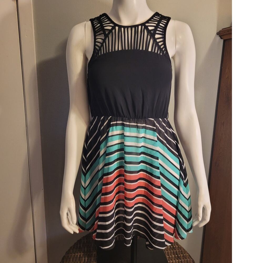 Candie’s Fit Flare XS Caged Neck Rainbow Stripe Dress Womens Graphic Skater Cute
